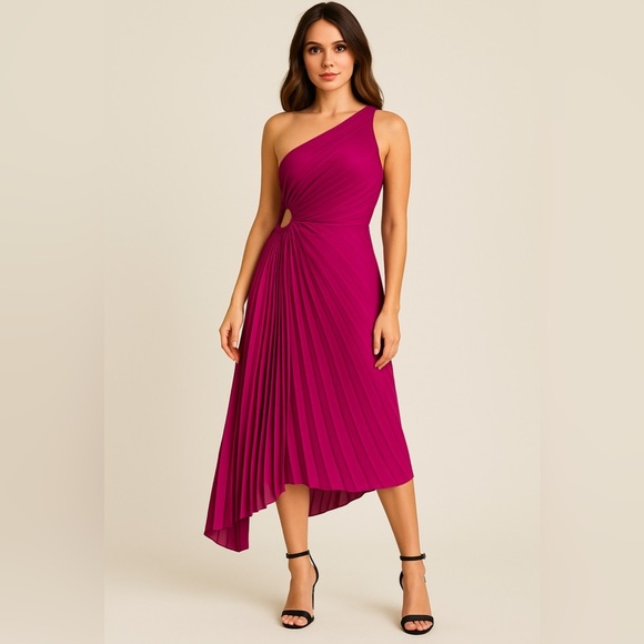 Rosevelvet Magenta One-Shoulder Pleated Cutout Midi Dress NWT Medium - Picture 1 of 10